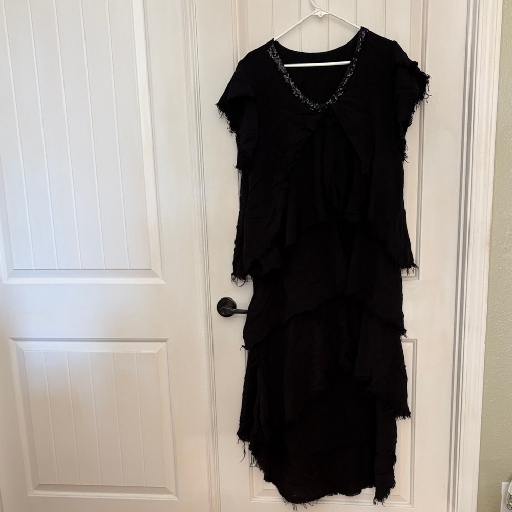 Black Tiered V-Neck Maxi Dress with Beaded Trim